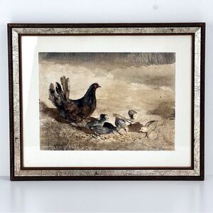 DENNIS T. YATES WATERCOLOR ON PAPER CHICKEN WITH CHICKS PAINTING